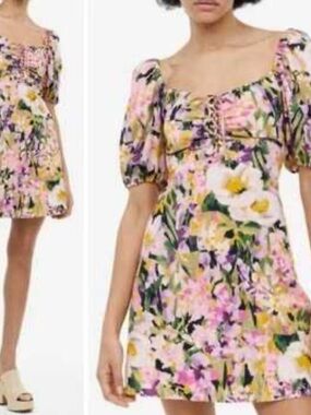 Floral Puff-Sleeve Mini Dress - Pink, Yellow & Green